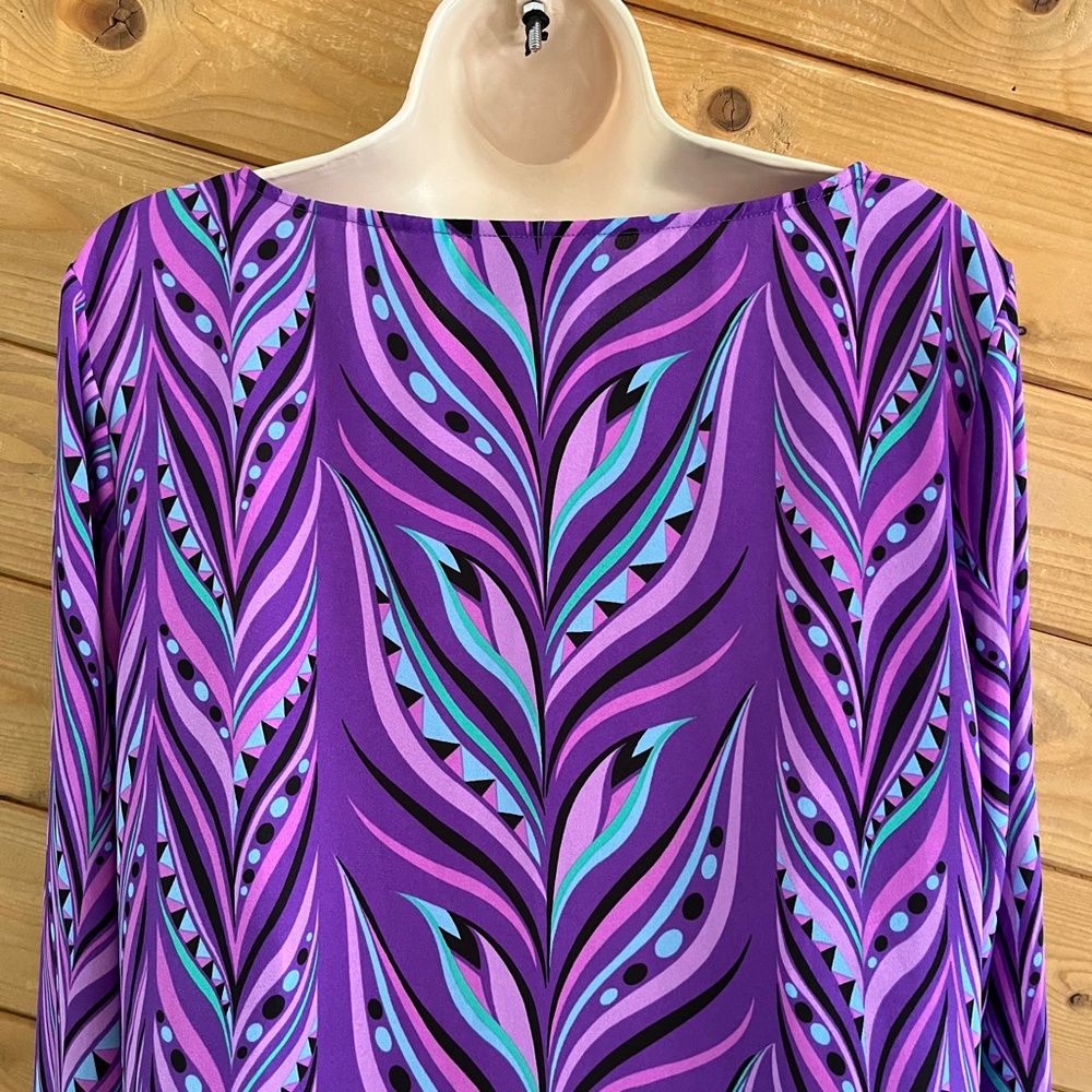 Bob Mackie Wearable Art Purple Teal Abstract Geometric Long Sleeve Tunic Top L - Picture 7 of 11